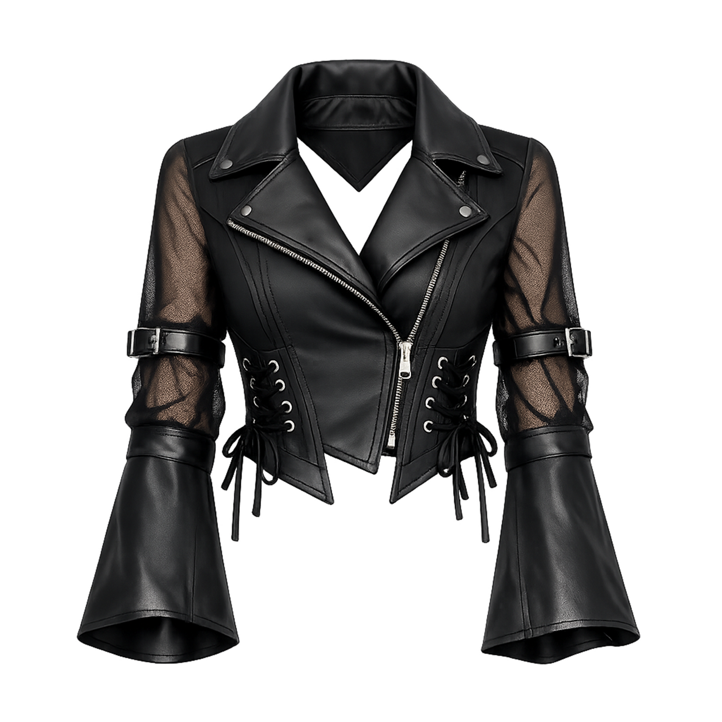 Mesh Sleeve Faux Leather Moto Jacket with Lace-Up Sides & Flared Cuffs (Black)