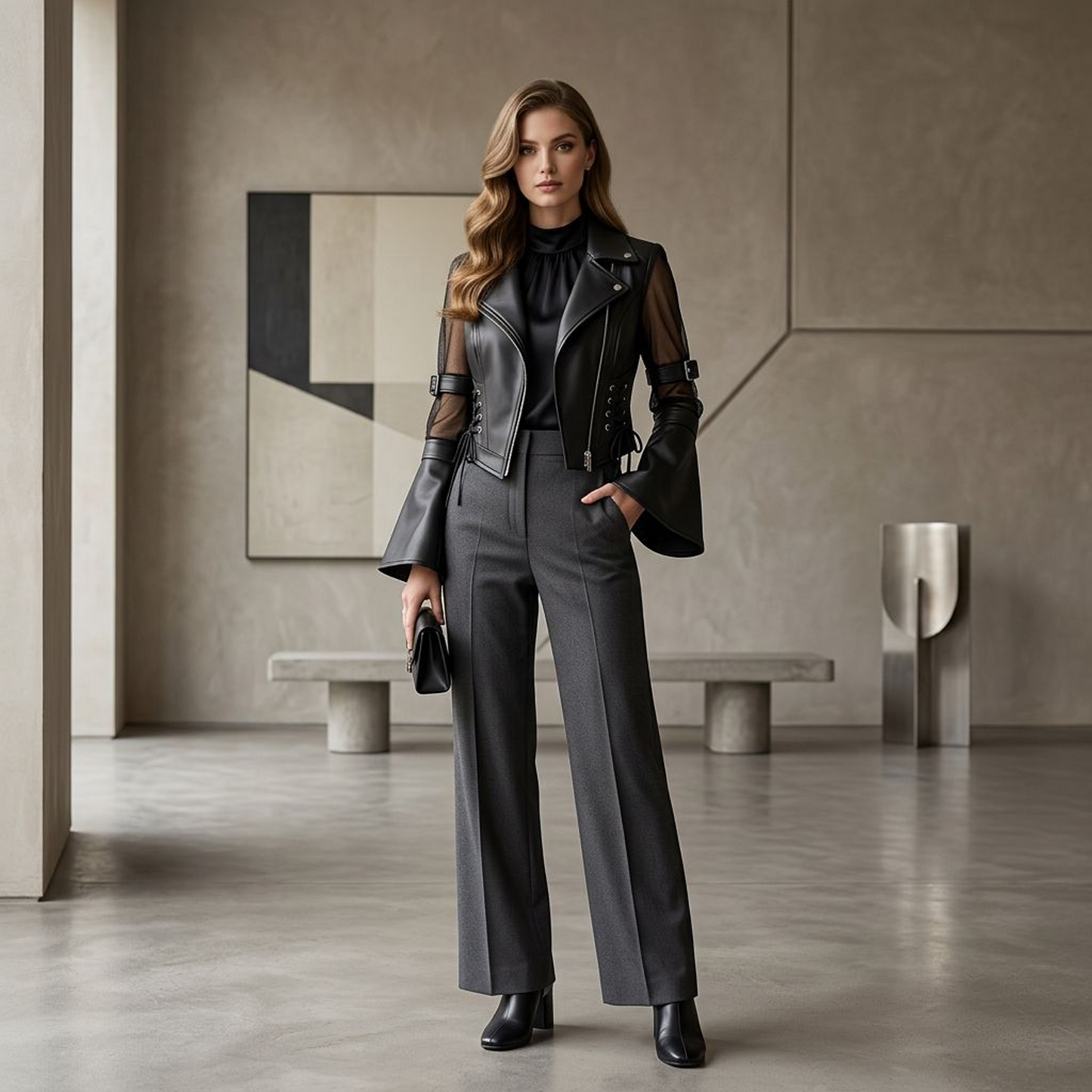 Mesh Sleeve Faux Leather Moto Jacket with Lace-Up Sides & Flared Cuffs (Black)