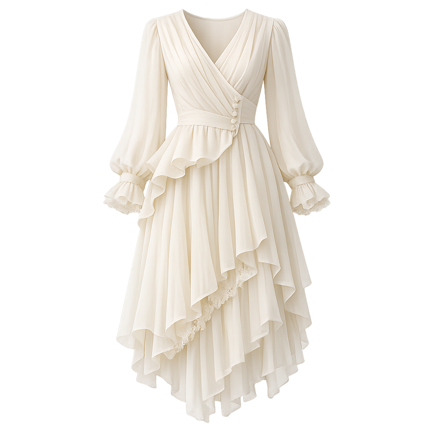 Chiffon Wrap Midi Dress with Long Sleeves, Pleated Skirt & Asymmetric Ruffle Hem (Ivory)