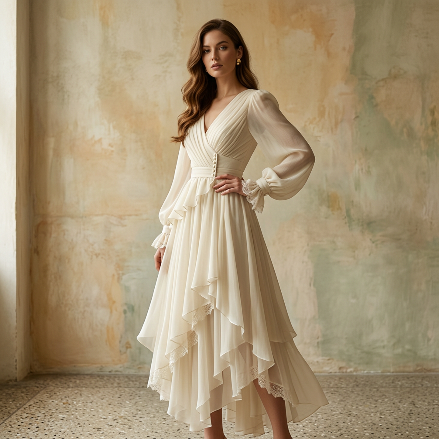 Chiffon Wrap Midi Dress with Long Sleeves, Pleated Skirt & Asymmetric Ruffle Hem (Ivory)