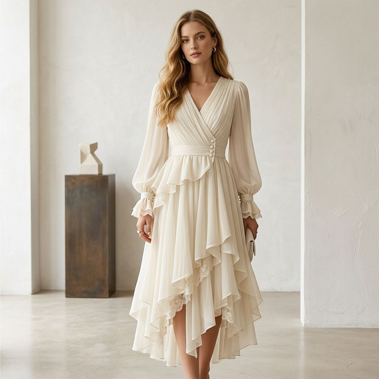 Chiffon Wrap Midi Dress with Long Sleeves, Pleated Skirt & Asymmetric Ruffle Hem (Ivory)