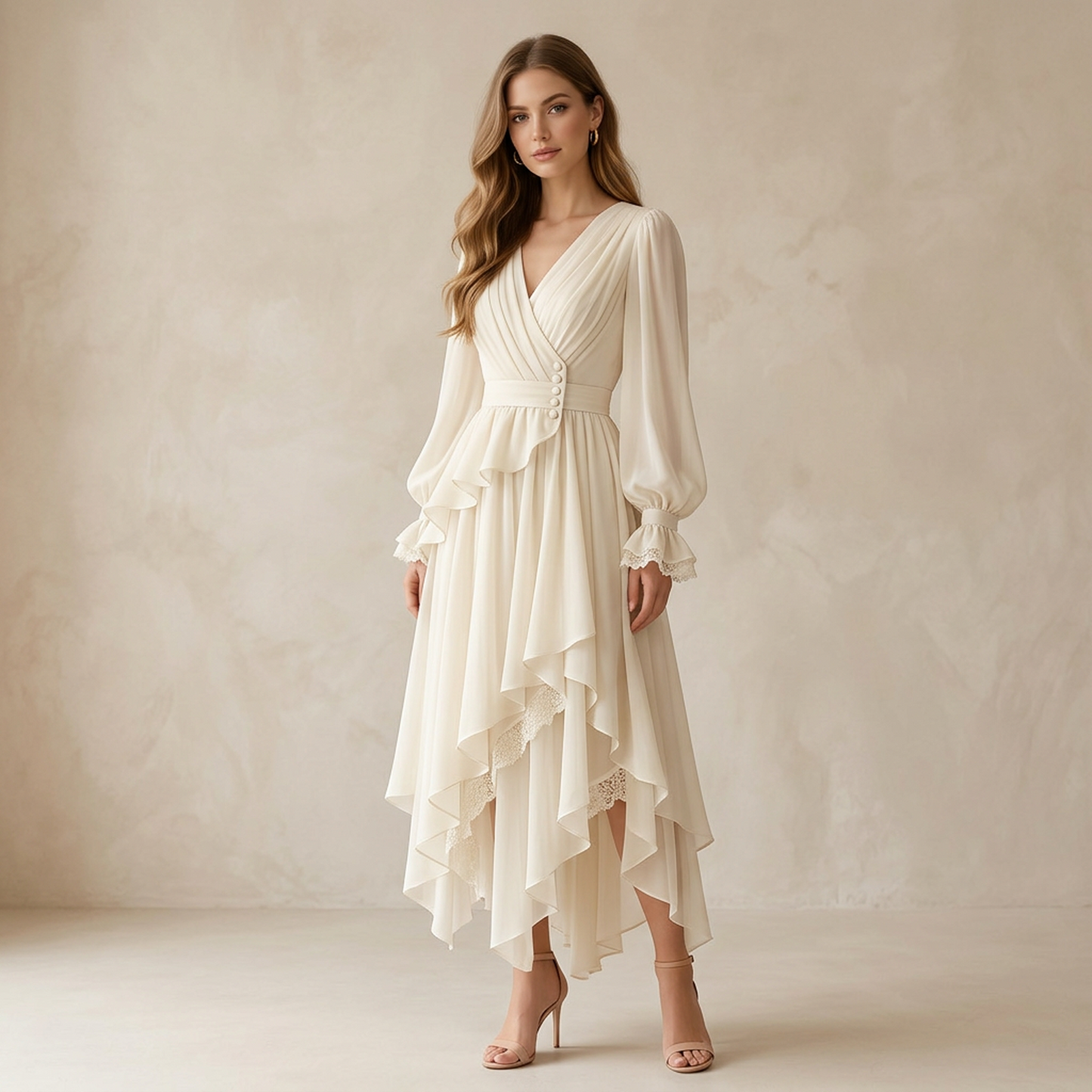 Chiffon Wrap Midi Dress with Long Sleeves, Pleated Skirt & Asymmetric Ruffle Hem (Ivory)